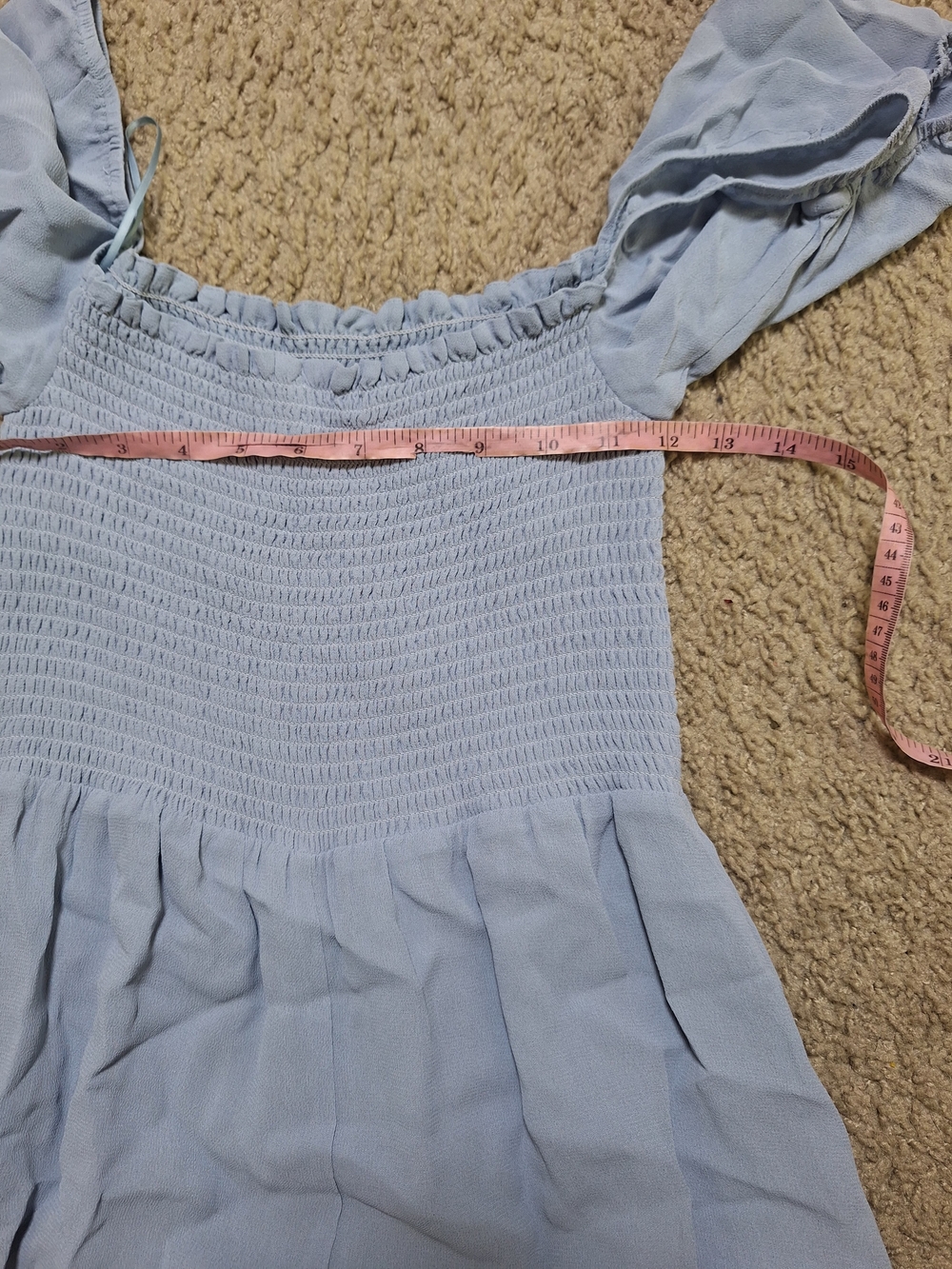 Reformation Blue Smocked Bodice Midi Dress Puff Sleeve Ruffle Hem Side Slit Sz L - Picture 6 of 7